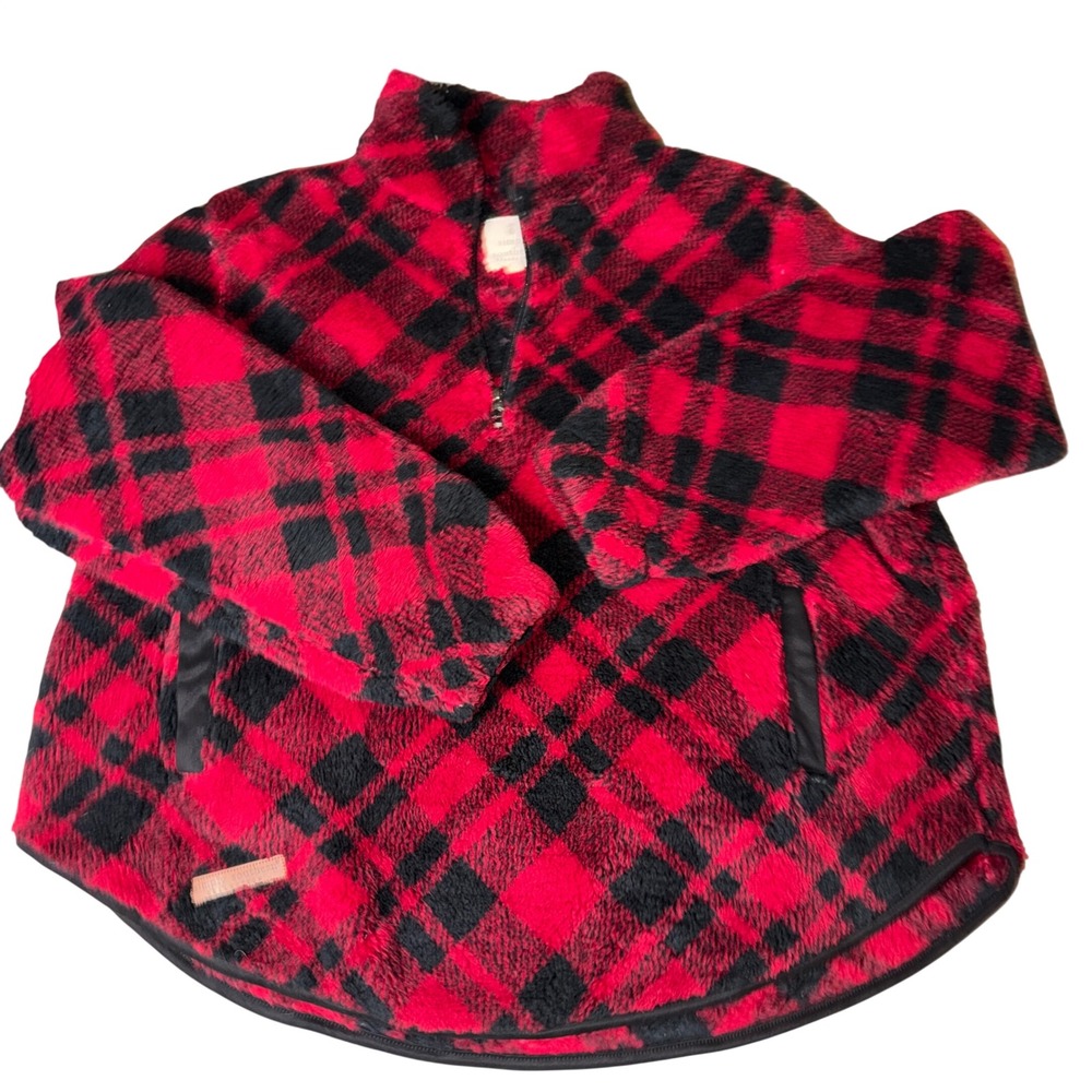 Simply Southern Womens Red Black Plaid‎ Sherpa Fleece 1/4 Zip Pullover XXL